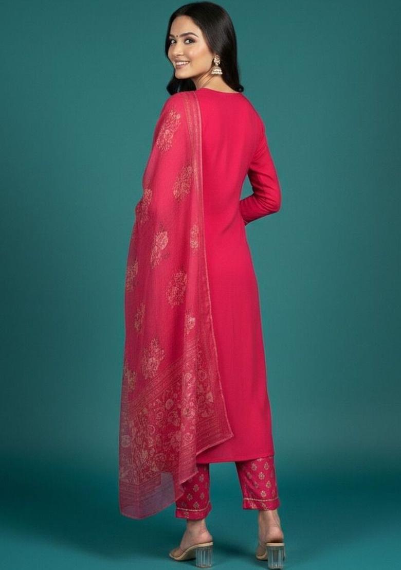 Pink Solid Viscose Kurta Set - Indya