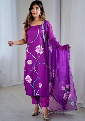 Purple Printed Viscose Kurta Set