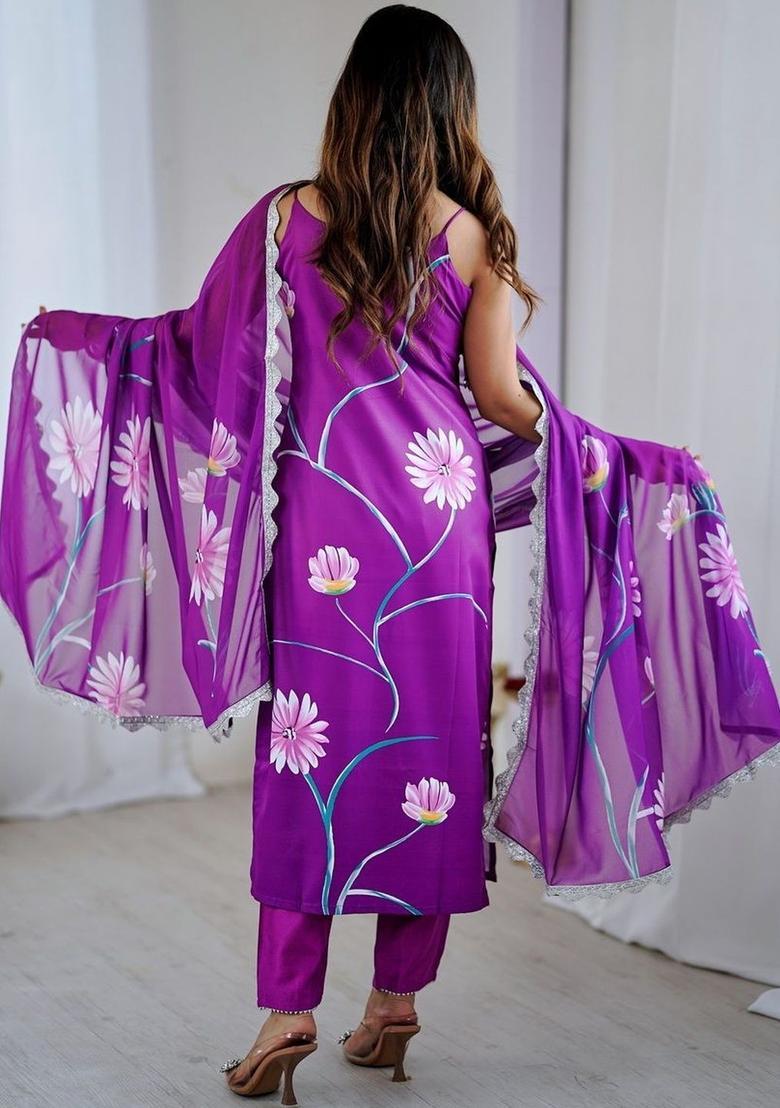 Purple Printed Viscose Kurta Set - Indya