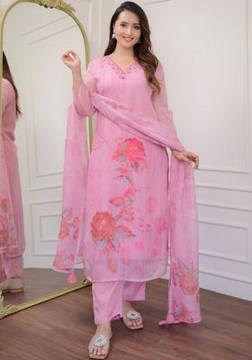 Pink Printed Organza Kurta Set