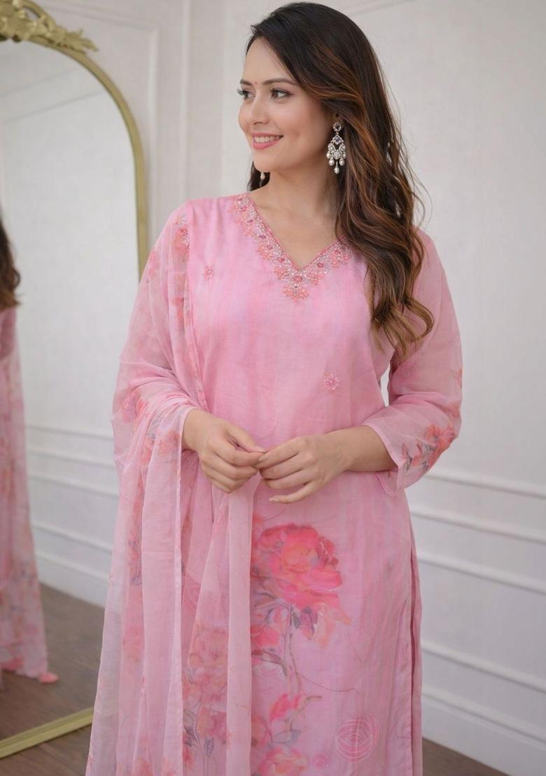 Pink Printed Organza Kurta Set - Indya