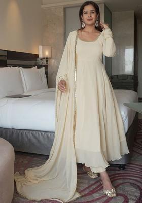 Cream Solid Georgette Kurta Set