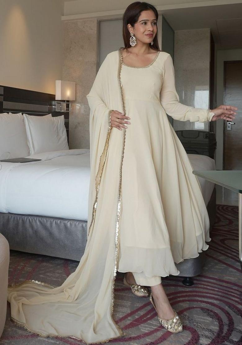 Cream Solid Georgette Kurta Set - Indya