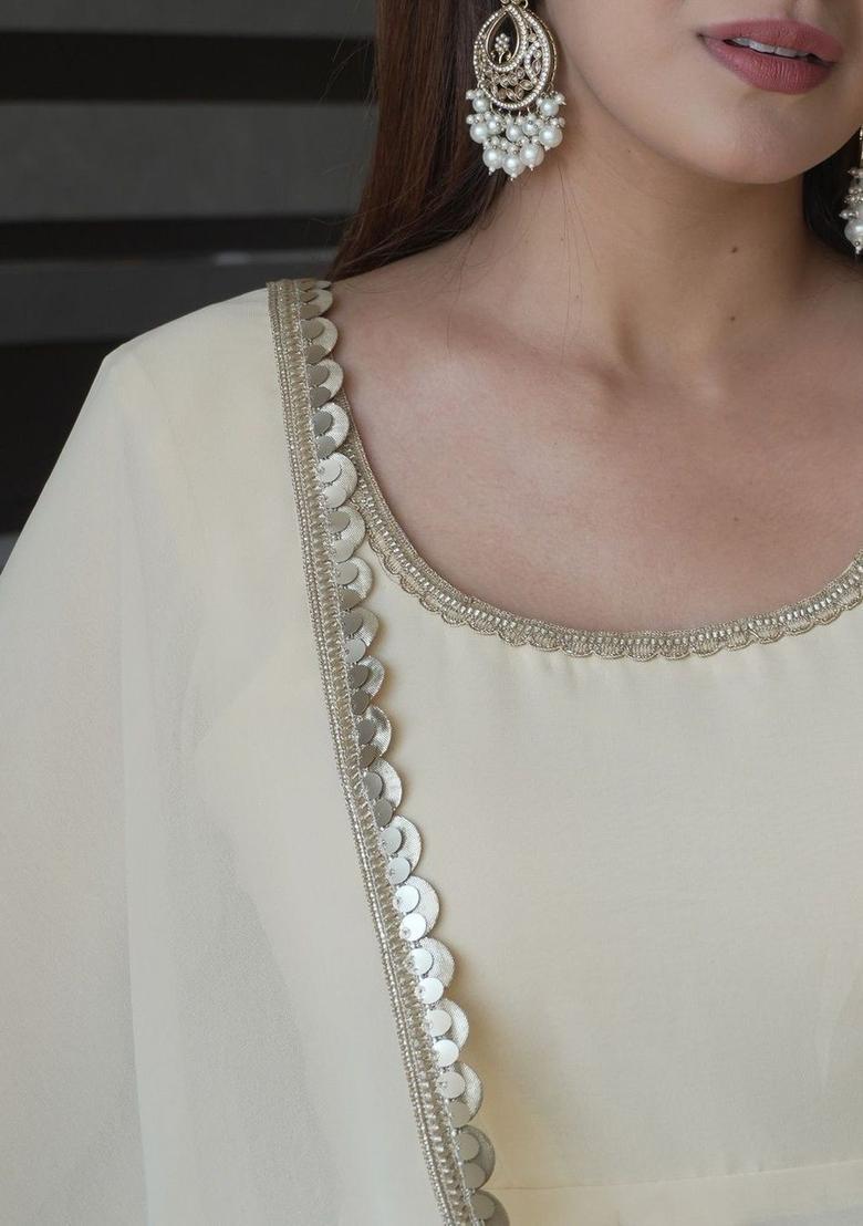 Cream Solid Georgette Kurta Set - Indya