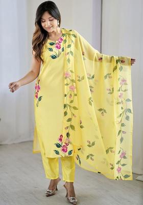 Yellow Printed Viscose Kurta Set