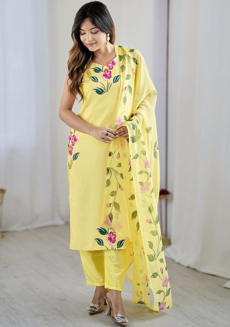 Yellow Printed Viscose Kurta Set - Indya