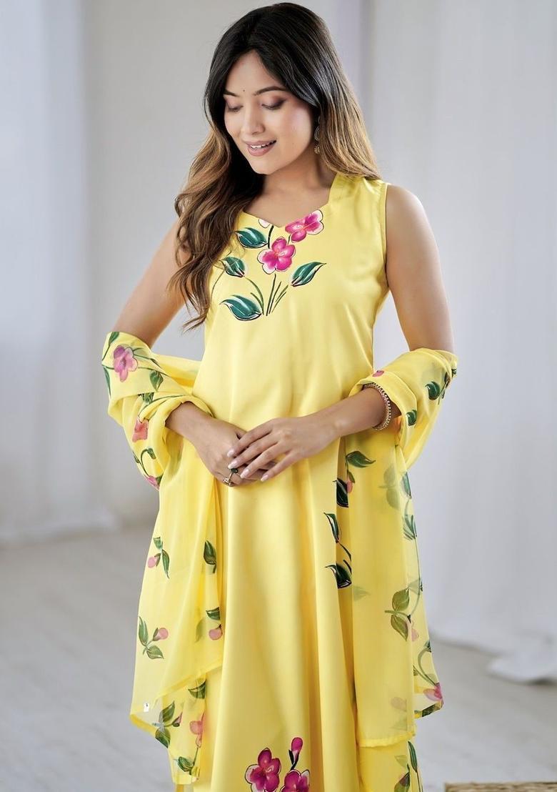 Yellow Printed Viscose Kurta Set - Indya