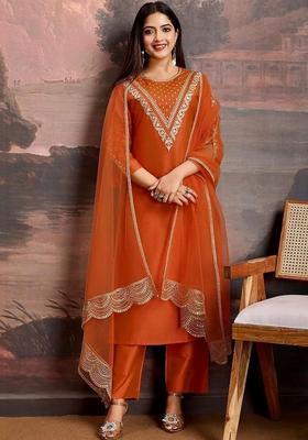 Orange Embroidered Silk Kurta Set
