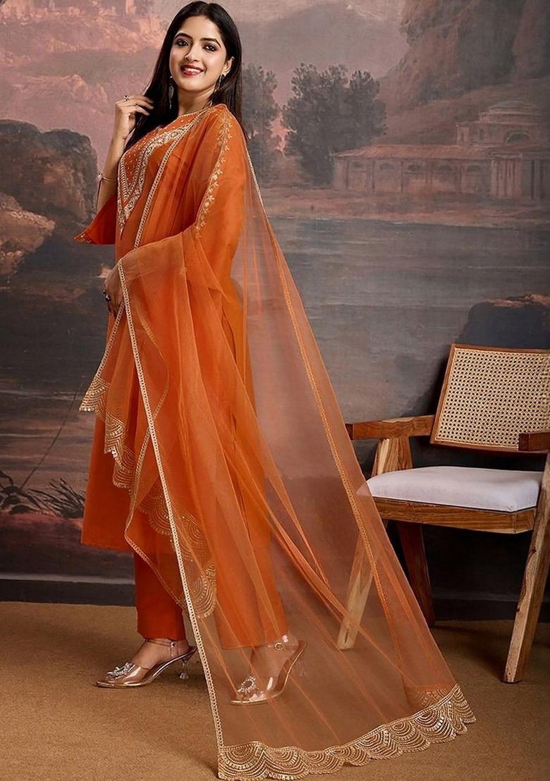 Orange Embroidered Silk Kurta Set - Indya