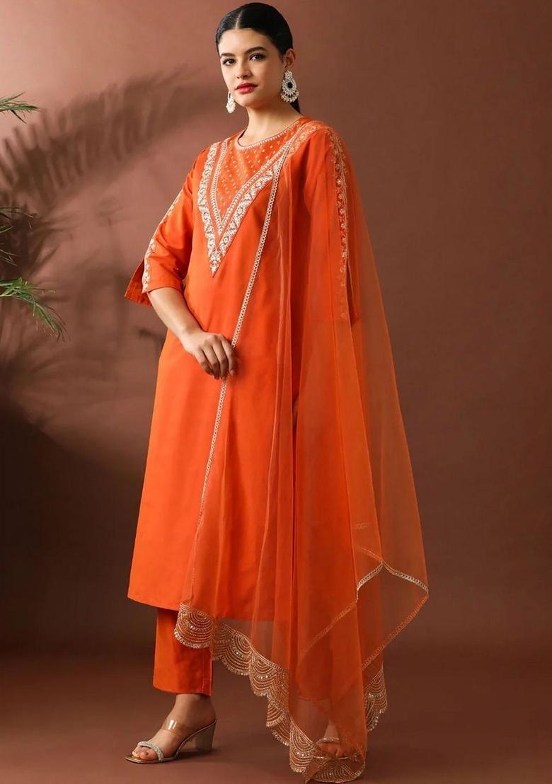 Orange Embroidered Silk Kurta Set - Indya