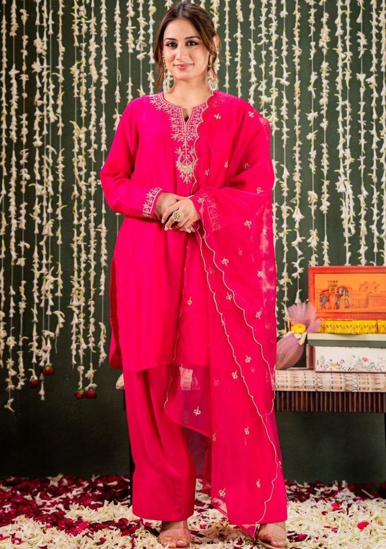 Fuchsia Embroidered Silk Kurta Set - Indya