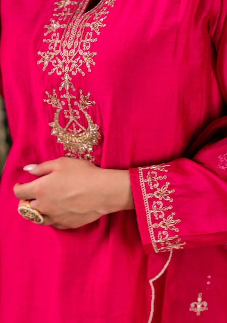 Fuchsia Embroidered Silk Kurta Set - Indya