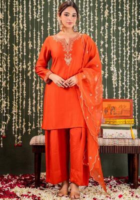 Orange Embroidered Silk Kurta Set