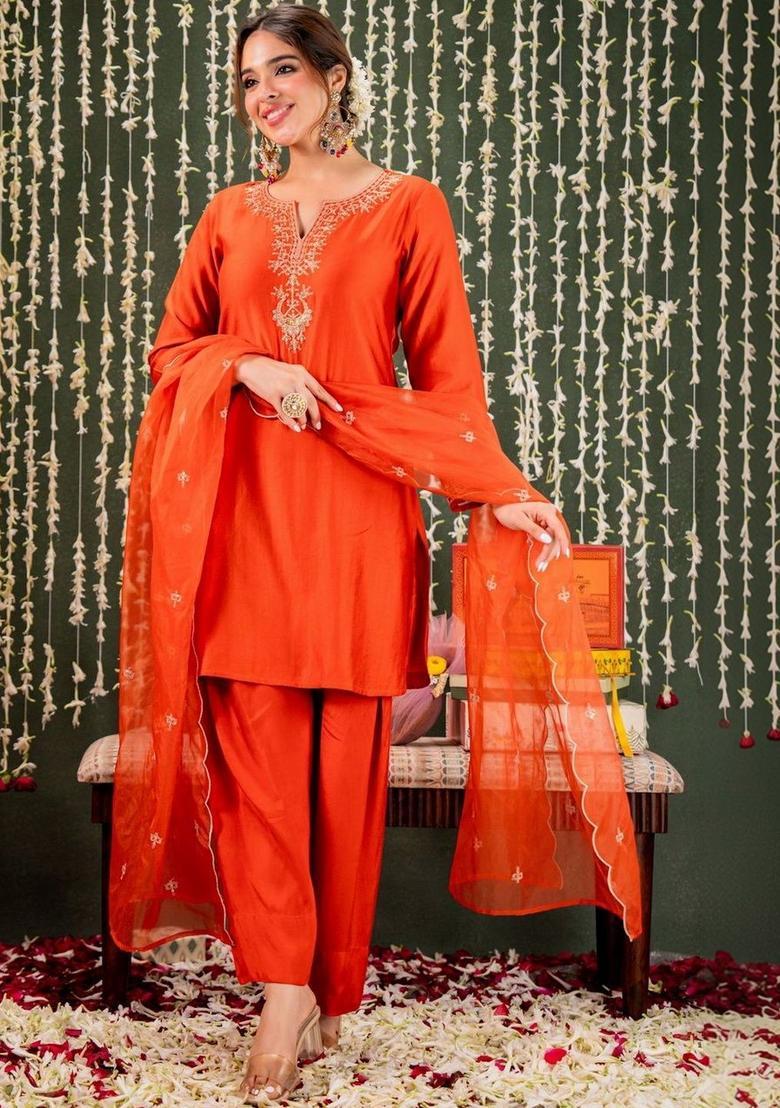 Orange Embroidered Silk Kurta Set - Indya