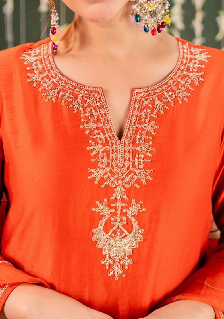 Orange Embroidered Silk Kurta Set - Indya