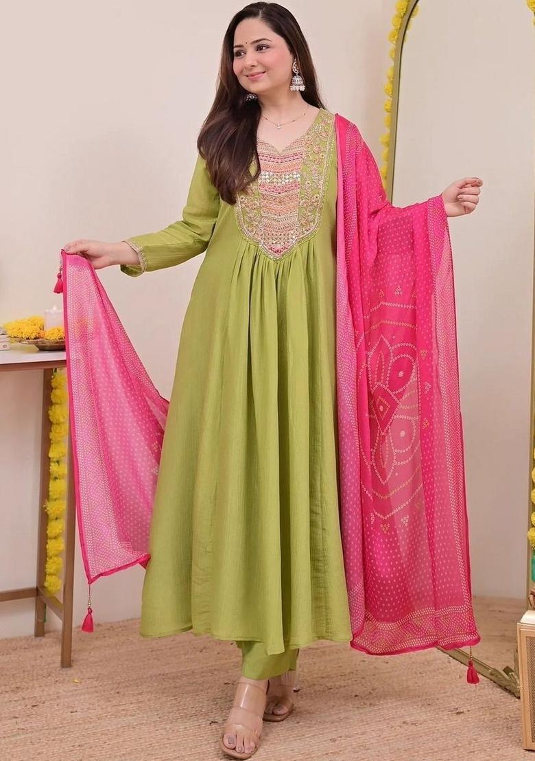 Lime Green Embroidered Silk Kurta Set - Indya