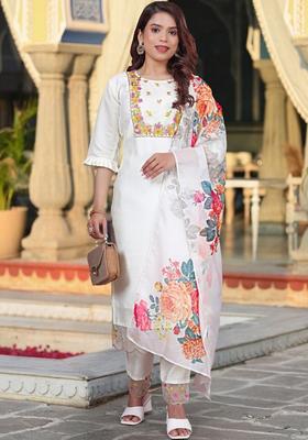 White Embroidered Silk Kurta Set