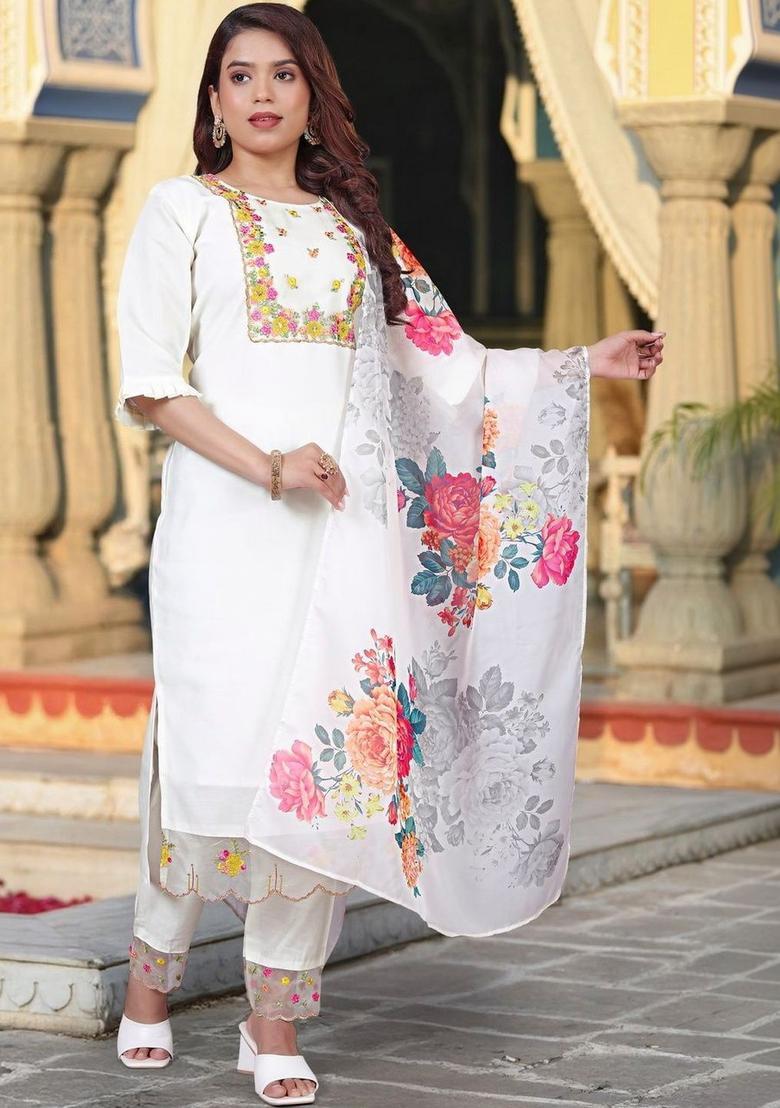 White Embroidered Silk Kurta Set - Indya
