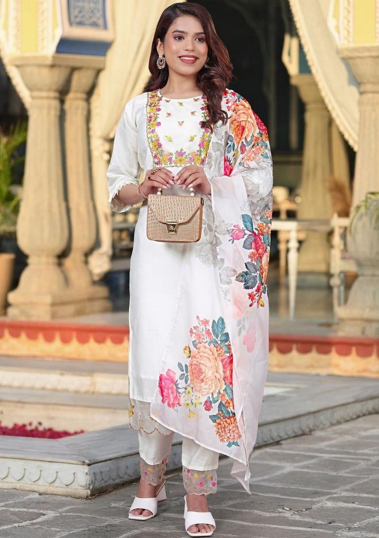 White Embroidered Silk Kurta Set - Indya