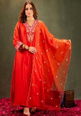 Orange Embroidered Silk Kurta Set