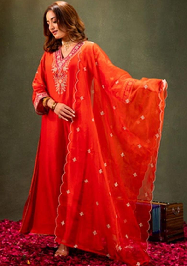 Orange Embroidered Silk Kurta Set - Indya