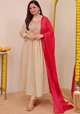 Beige Embroidered Silk Kurta Set