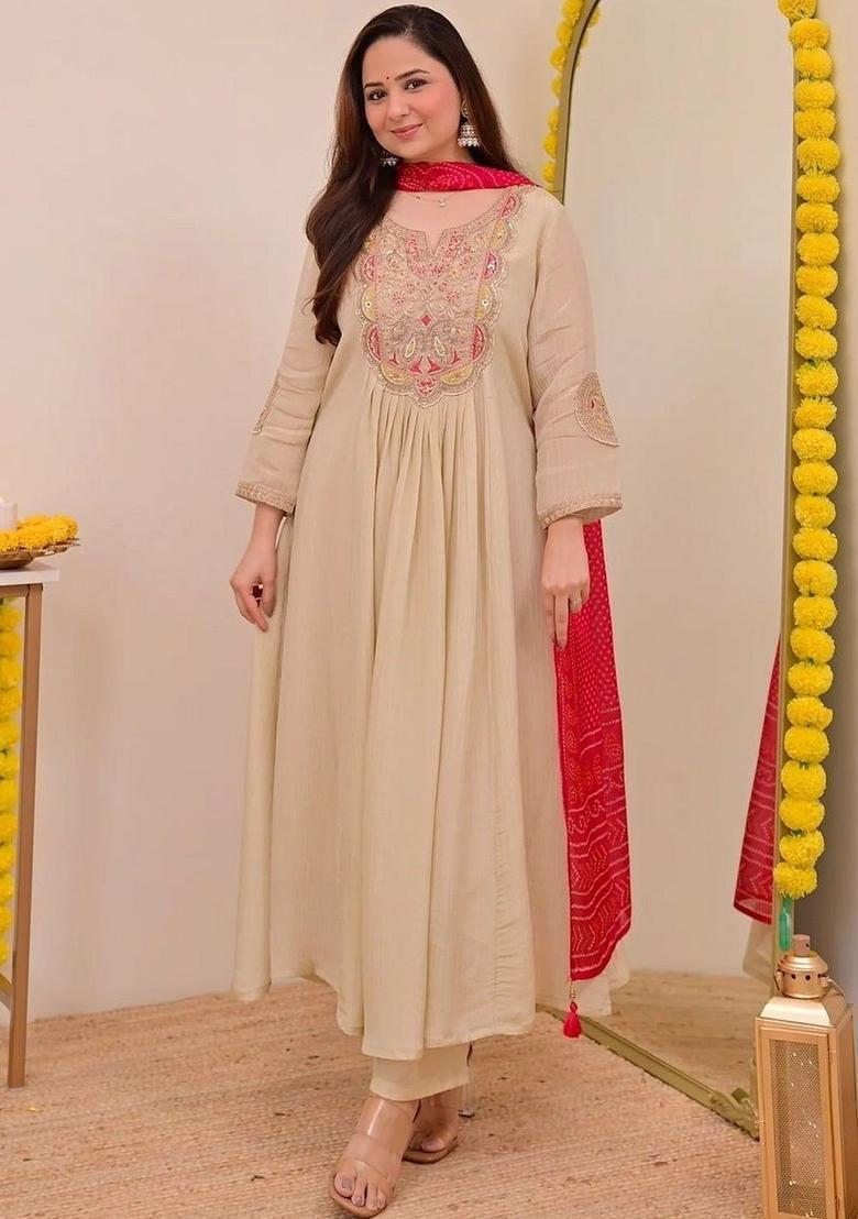 Beige Embroidered Silk Kurta Set - Indya