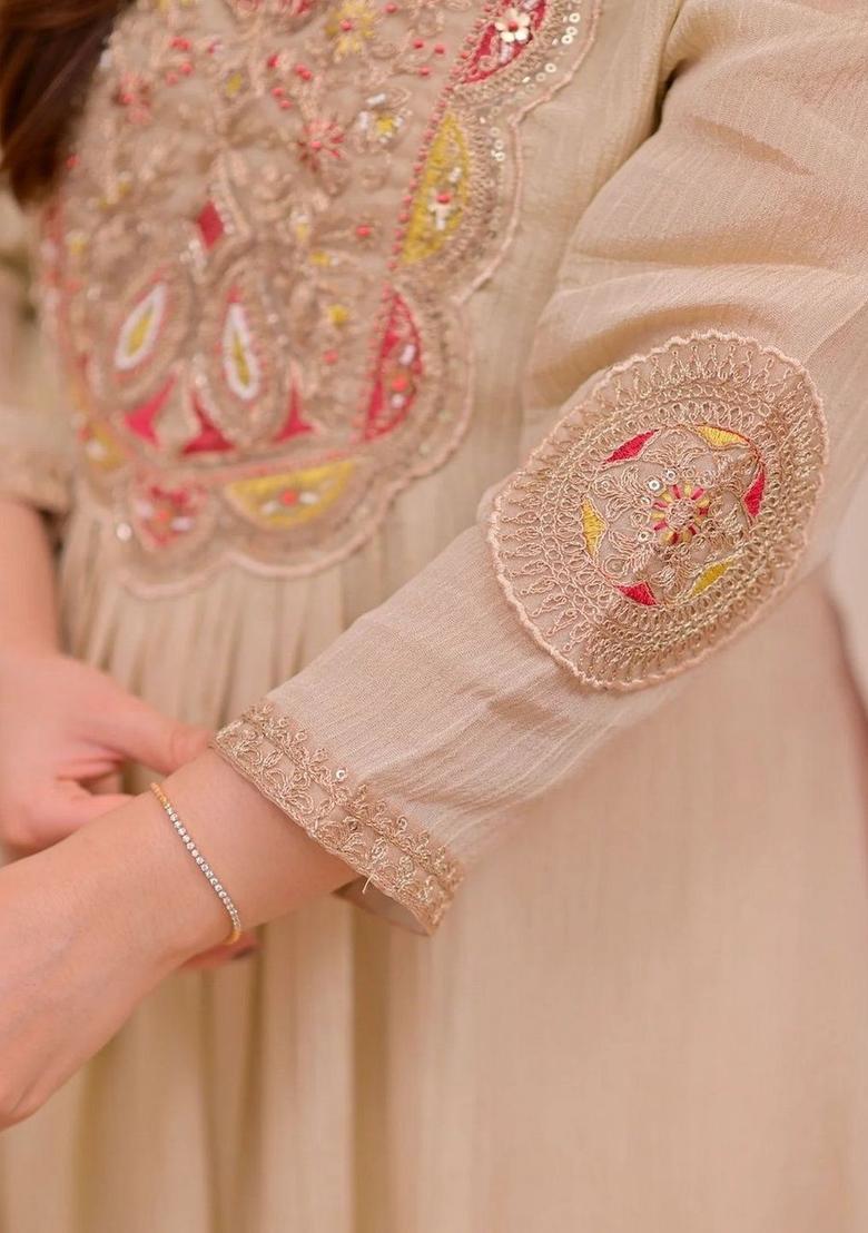 Beige Embroidered Silk Kurta Set - Indya