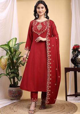 Maroon Embroidered Silk Kurta Set