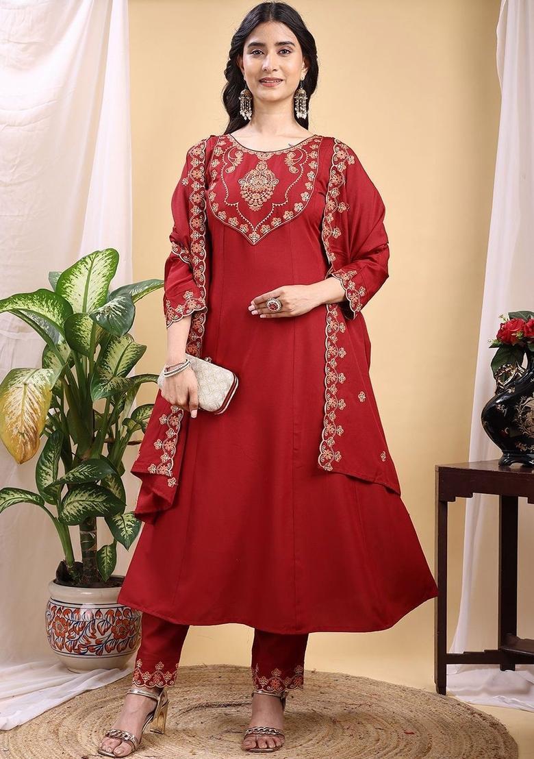 Maroon Embroidered Silk Kurta Set - Indya