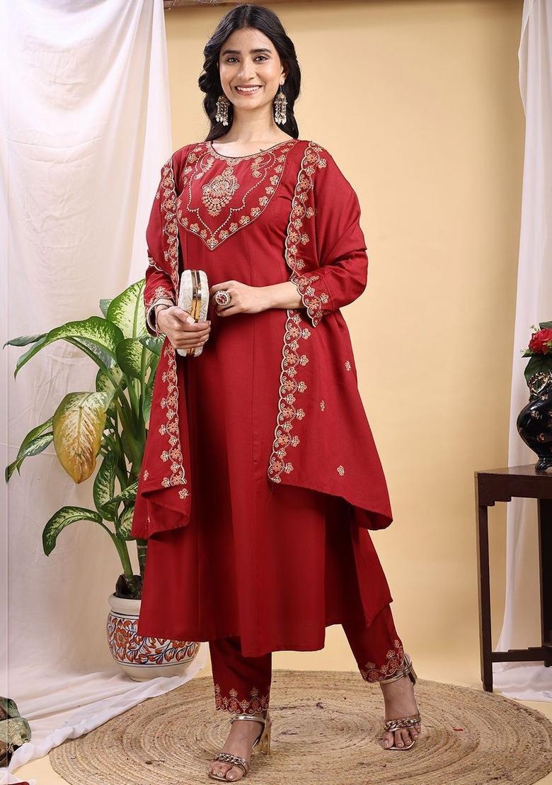 Maroon Embroidered Silk Kurta Set - Indya