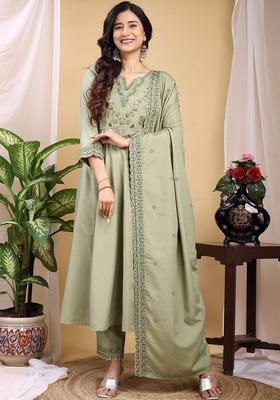 Olive Embroidered Silk Kurta Set