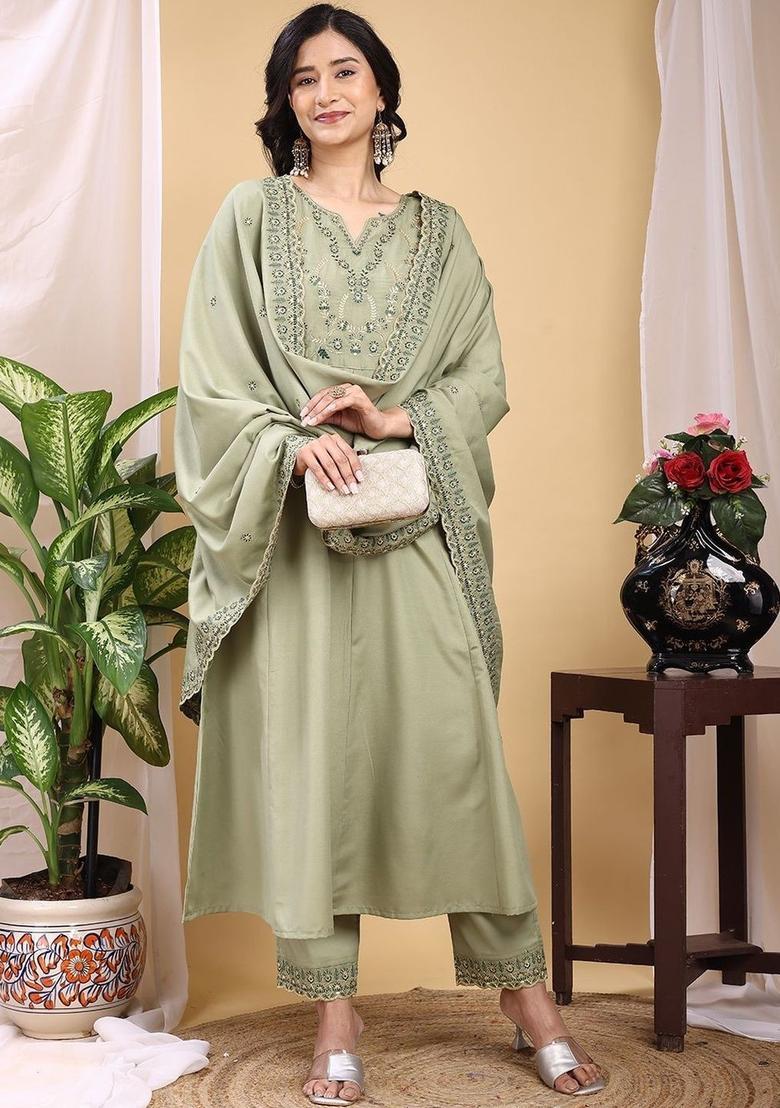 Olive Embroidered Silk Kurta Set - Indya