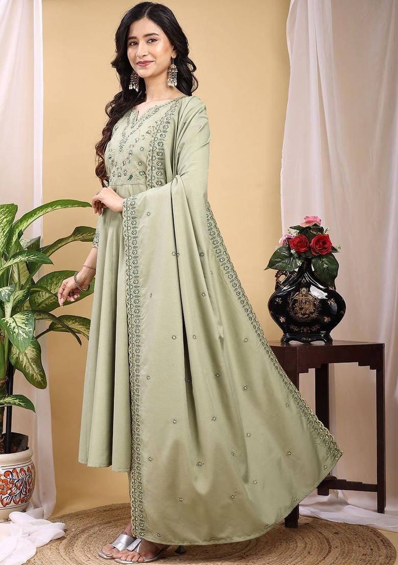 Olive Embroidered Silk Kurta Set - Indya