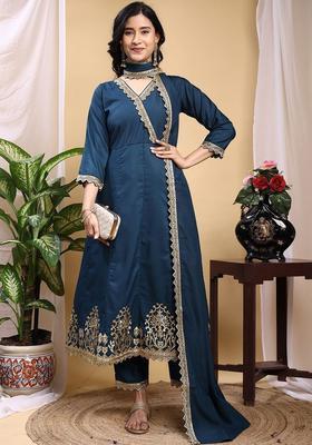Teal Embroidered Silk Kurta Set