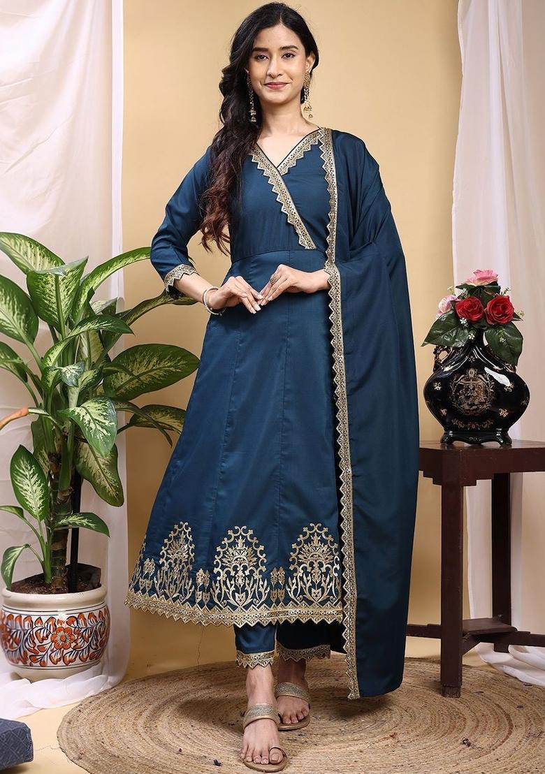 Teal Embroidered Silk Kurta Set - Indya