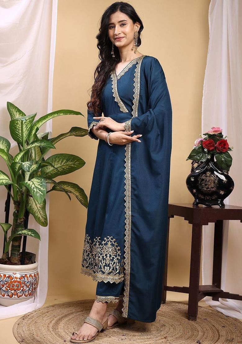Teal Embroidered Silk Kurta Set - Indya