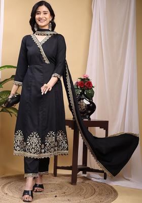 Black Embroidered Silk Kurta Set