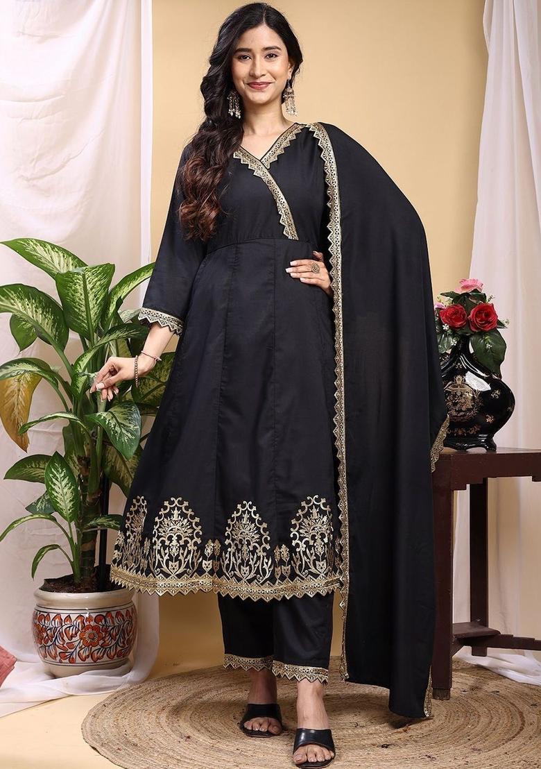 Black Embroidered Silk Kurta Set - Indya