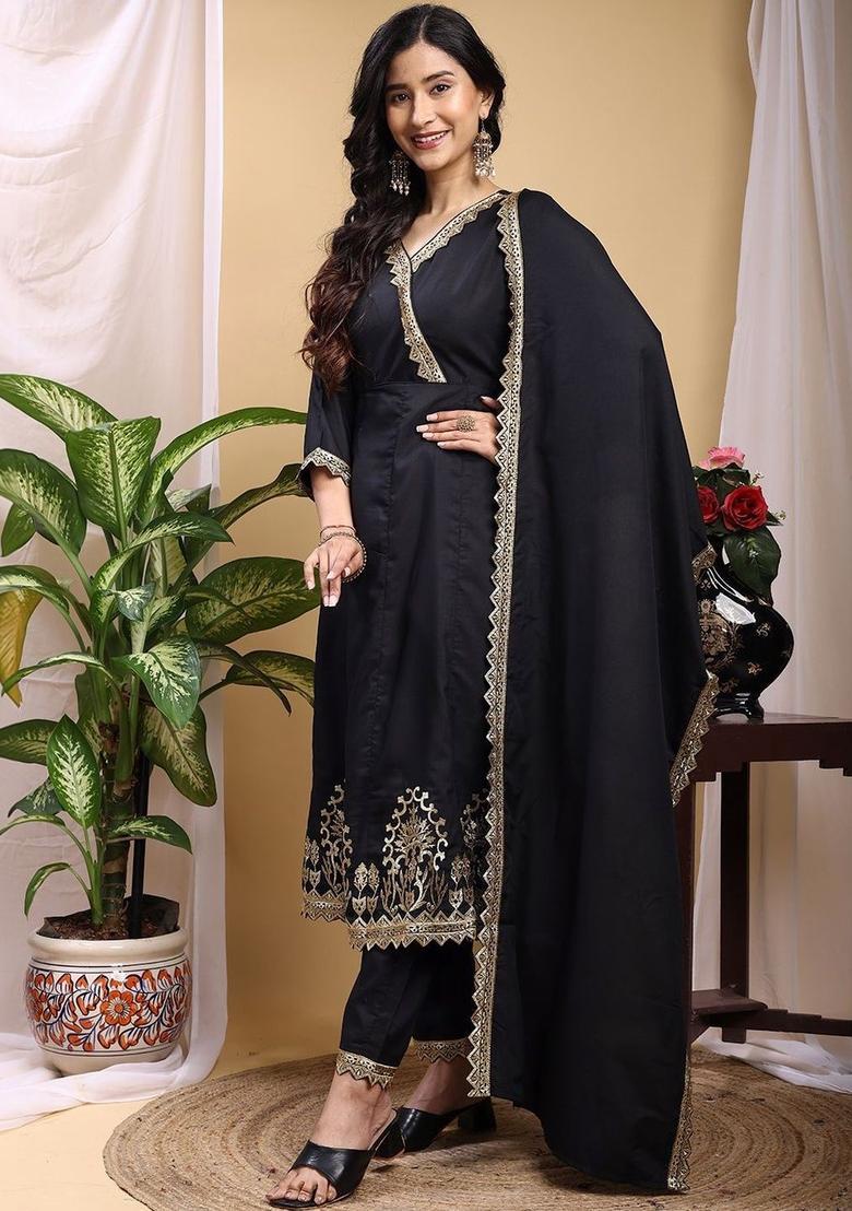 Black Embroidered Silk Kurta Set - Indya