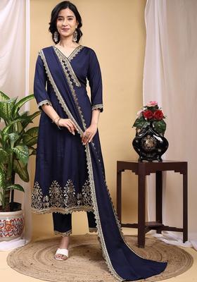 Navy Blue Embroidered Silk Kurta Set