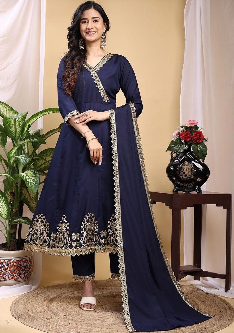 Navy Blue Embroidered Silk Kurta Set - Indya