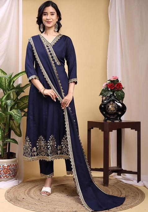 Navy Blue Embroidered Silk Kurta Set