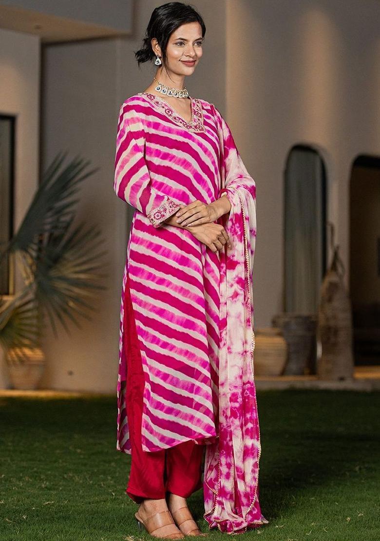 Pink Printed Georgette Kurta Set - Indya