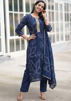 Navy Blue Printed Viscose Kurta Set
