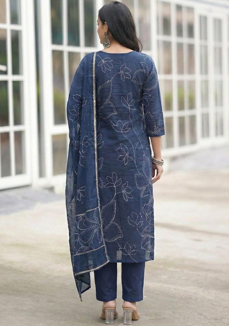 Navy Blue Printed Viscose Kurta Set - Indya