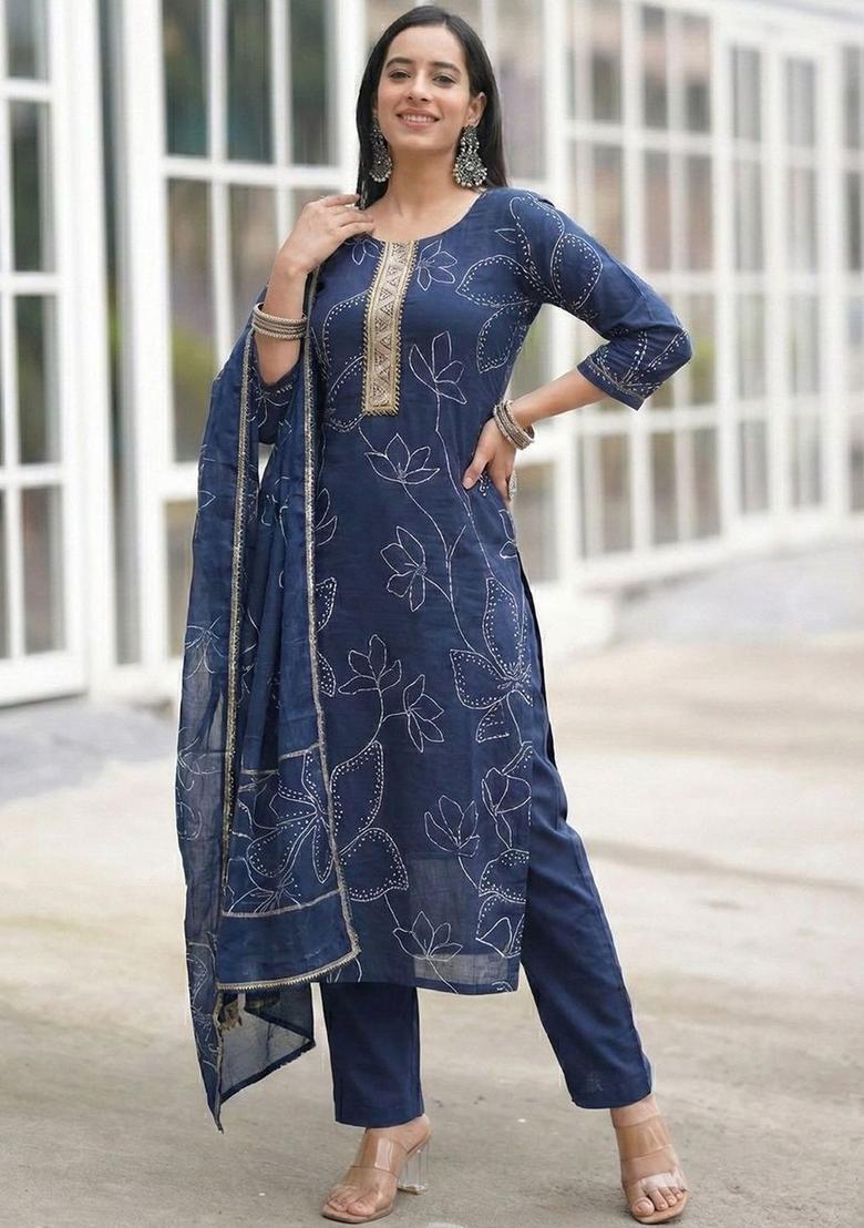 Navy Blue Printed Viscose Kurta Set - Indya