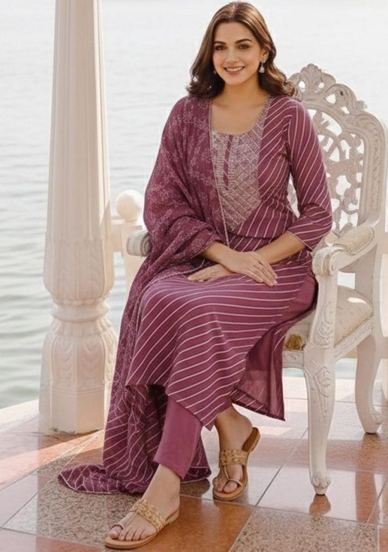 Purple Printed Viscose Kurta Set - Indya