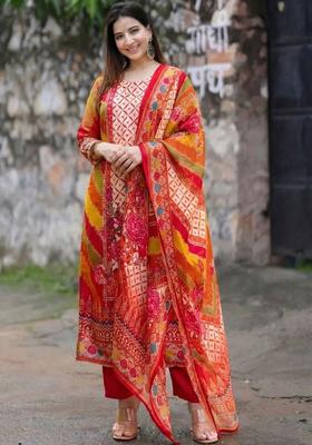 Red Printed Viscose Kurta Set