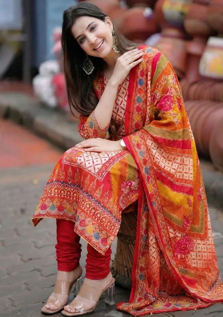 Red Printed Viscose Kurta Set - Indya